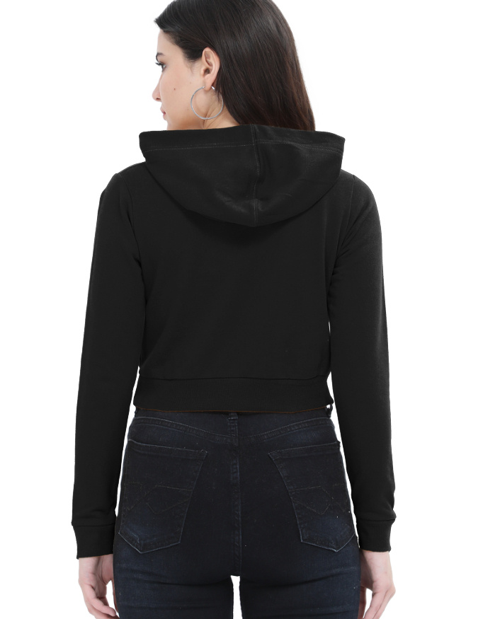 Women Black Plain Cropped Hoodie - Cuxury - Image 2
