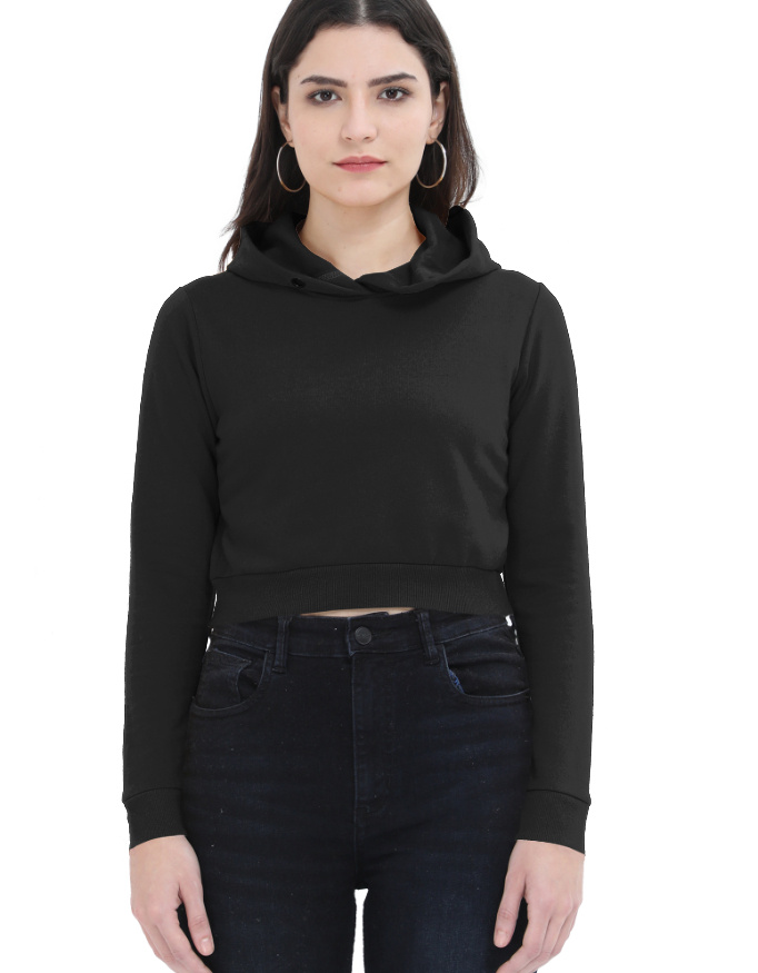 Women Black Plain Cropped Hoodie - Cuxury