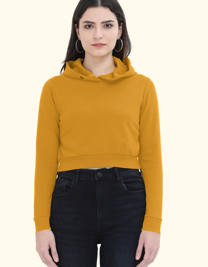 Women Mustard Yellow Cropped Hoodie - Alfa Goat